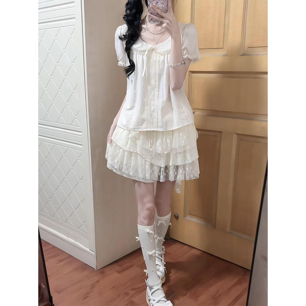 春知夏梦 夏季简约甜美气质娃娃领短袖上衣蕾丝拼接花纹半裙套装