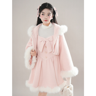 瑞拉仙境 重工连帽斗篷+气质吊带裙毛呢套装裙2025冬季甜美两件套