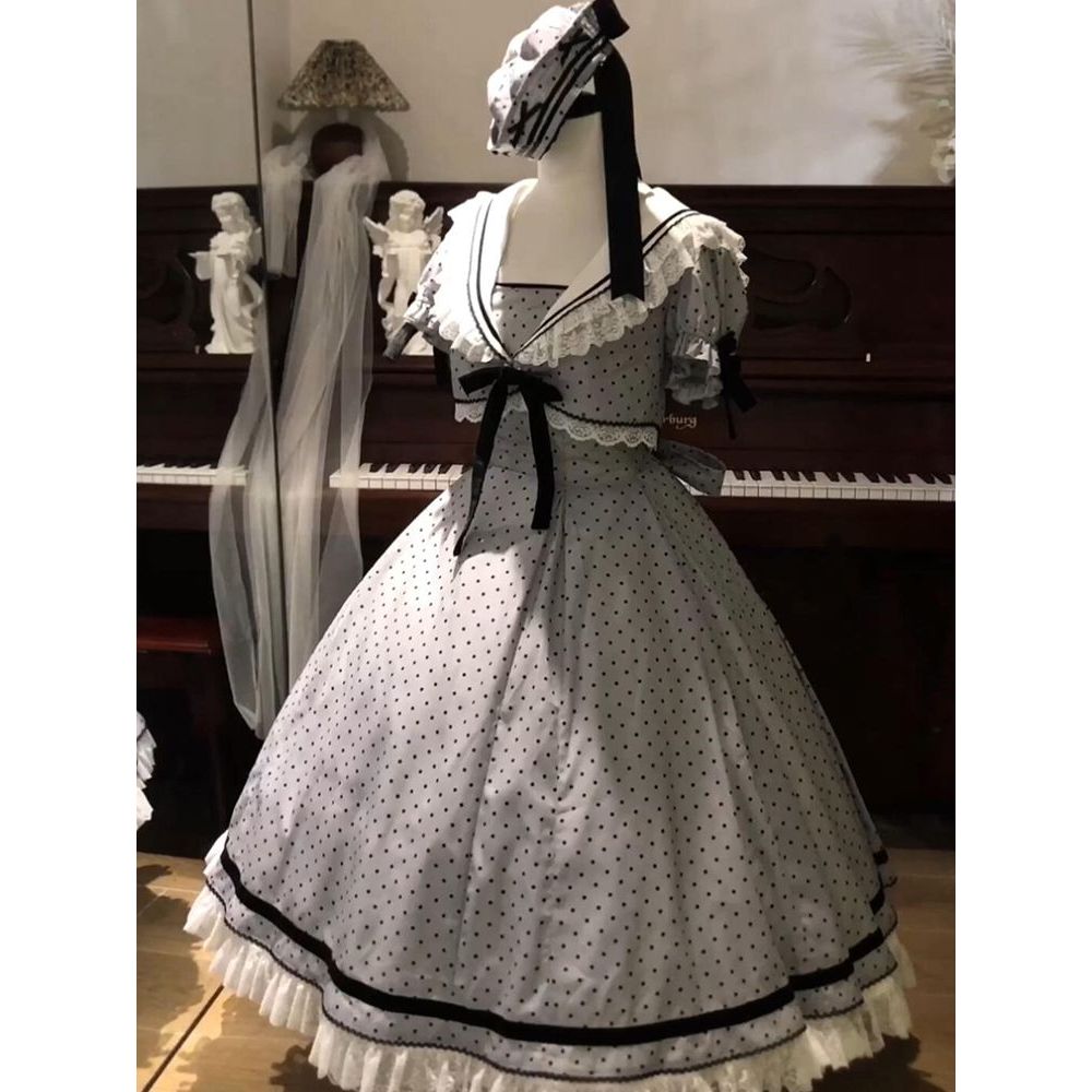 迷雾夜曲 夏季新款学院风Lolita设计感海军领开衫显瘦连衣裙套装