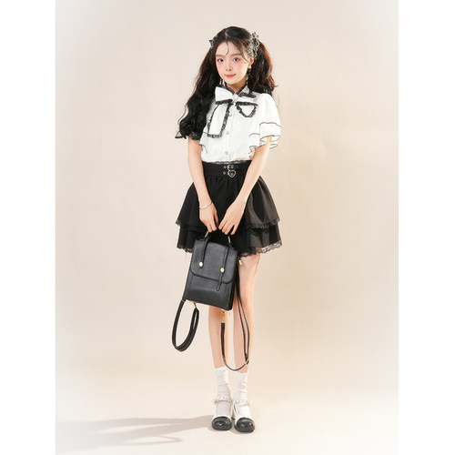 夏季rojita清楚系日系甜美蝴蝶结气质上衣衬衫+短裙两件女