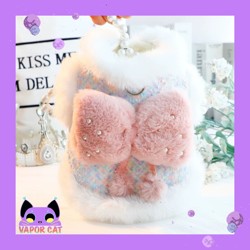 蒸汽咪狗狗衣服秋冬防掉毛装厚款猫咪公主棉衣香风毛毛牵引小型犬