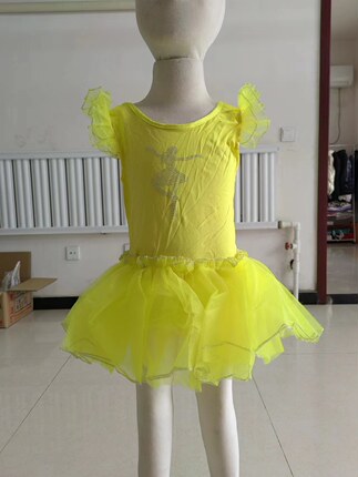 儿童舞蹈服夏季短袖黄色拉丁女童练功服考级连体芭蕾舞裙练舞衣服
