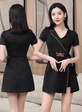 夜总店女装黑色改良旗袍年轻款性感夜场足浴技师工作服气质连衣裙