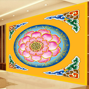 金色莲花天花吊顶壁画藏式祥云道堂仙堂背景墙纸佛堂寺庙堂口壁纸