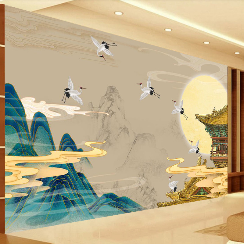 仙鹤祥云墙纸仙道佛堂祥云明月高楼壁布茶室禅房仙台背景装饰壁画,家装主材,定制壁画,淘宝优惠券,粉丝福利购,淘宝优惠卷