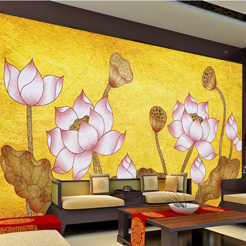 金箔荷花背景墙纸墙布佛家文化壁画办公室茶室莲花禅意壁纸壁布