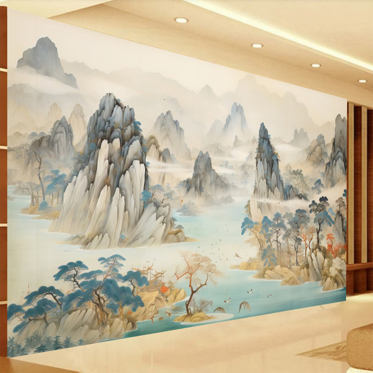 富春山居图山水国画背景墙纸茶室饭店包厢禅意壁画佛堂堂口墙布图片