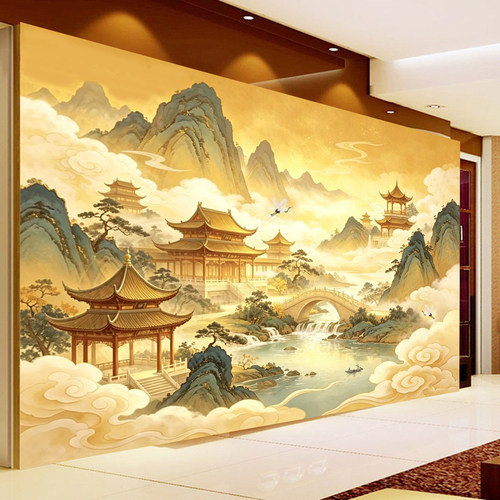 佛堂仙境亭台楼阁背景墙纸云海仙鹤山水壁画茶室道家仙堂神台壁纸