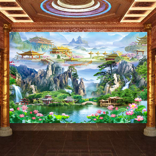 仙堂山水画壁纸佛道仙堂背景墙纸流水荷花天宫仙境祠堂寺庙壁画