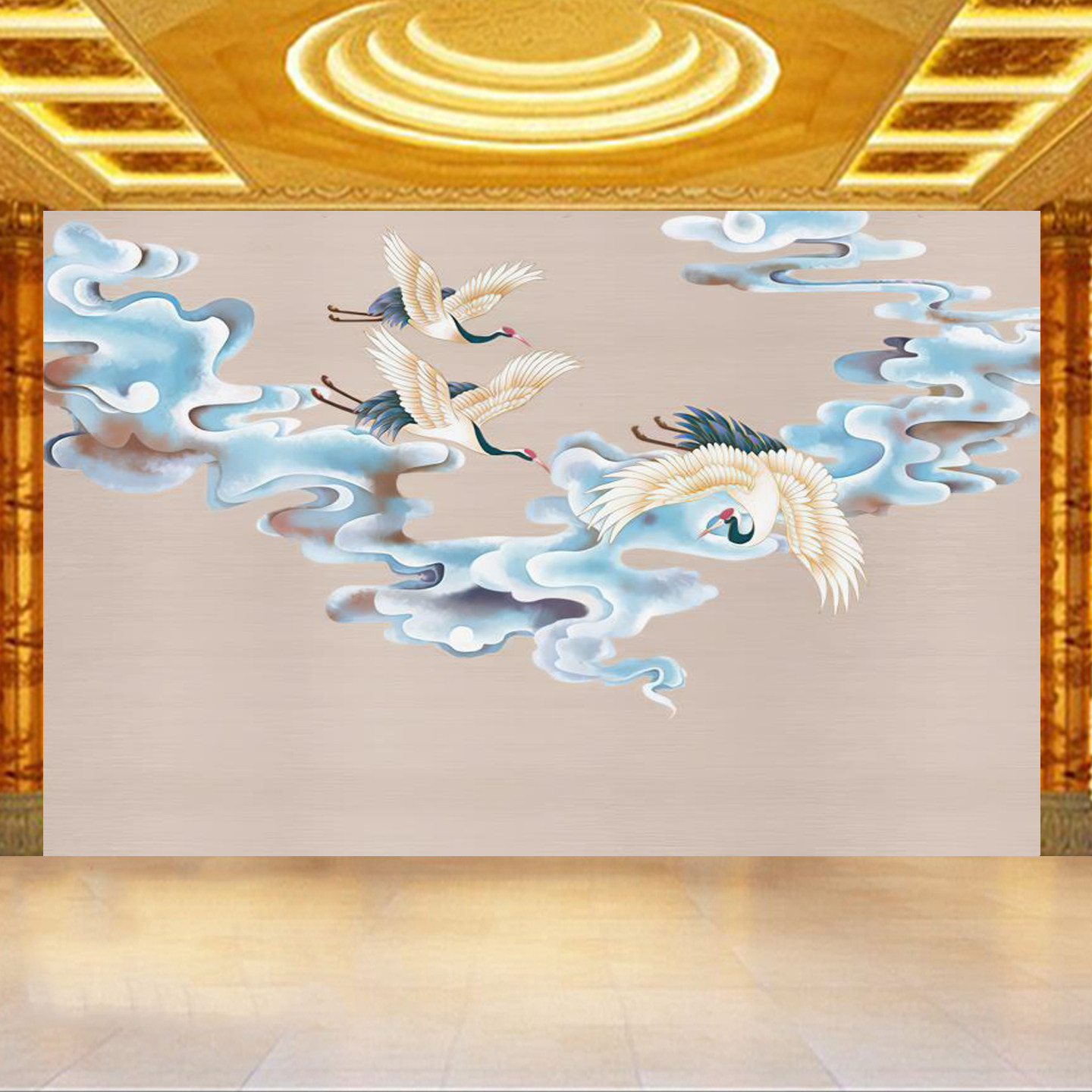 复古祥云仙鹤背景墙纸佛堂禅意瑞鹤图装饰壁画茶室包厢道仙堂壁纸