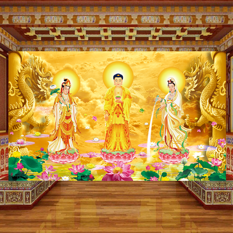 西方三圣佛堂背景墙纸金色祥云双龙浮雕壁画祠堂寺庙墙布佛像壁纸图片