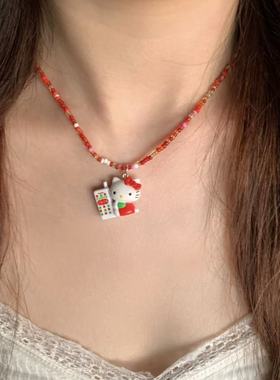 中古kitty挂件串珠项链手作米珠链锁骨链昭和风百搭配饰y2k辣妹