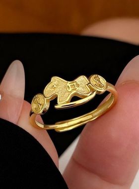 马上有钱~金色铜钱戒指女2026马年本命年精致新年生肖马开口指环