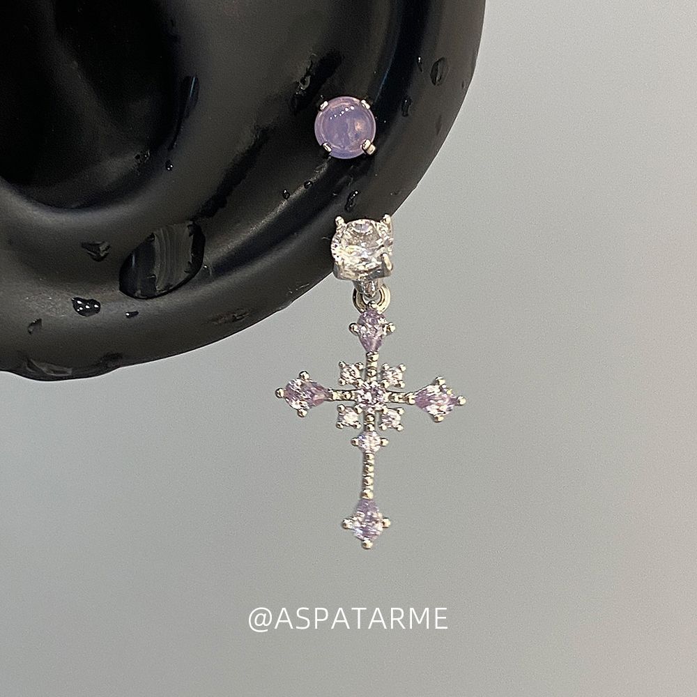阿斯巴甜 紫色超闪锆石十字架马蹄环耳坠女高级感满钻耳钉