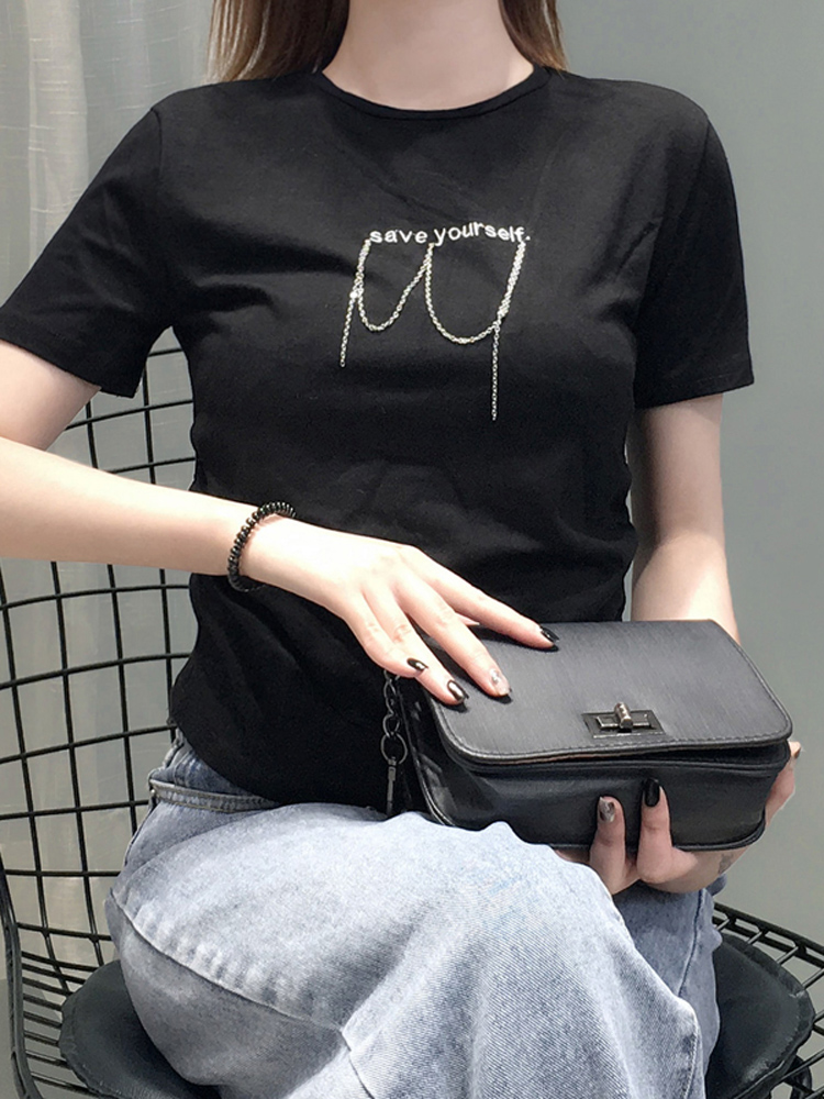 设计感链条字母刺绣圆领短袖T恤韩版修身洋气上衣女2020年夏新款|ruв категории плесень играть/Аниме/вокруг/cos/настольные игры, Косплей одежды/реквизит/услуги, Косплей женской одежды - от Buy2taobao.com для оказания профессиональной услуги покупки агента Taobao