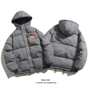 速食研究所小格子棉服连帽面23冬装加厚棉衣男包服棉袄外套加大码