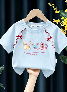女童纯棉短袖T恤夏季立体花边