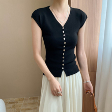 黑色v领针织短袖T恤女2025新款夏季独特超好看单穿小衫小飞袖上衣