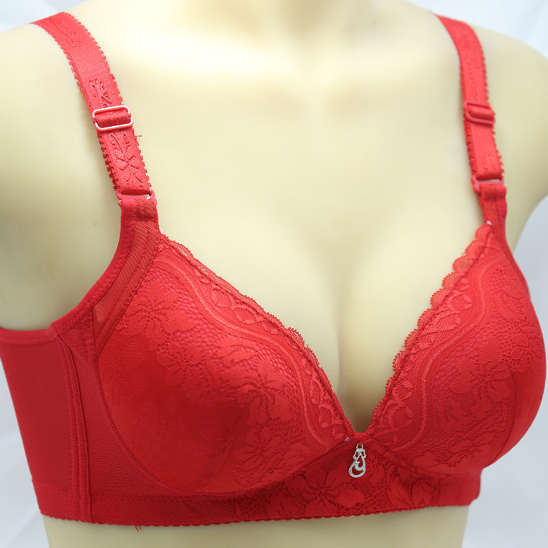 红色内衣女无钢圈性感蕾丝聚拢上托胸罩调整型收副乳文胸冬季