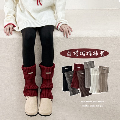 女童袜套秋冬款复古红色儿童袜套秋冬加厚保暖女孩针织小腿堆堆袜