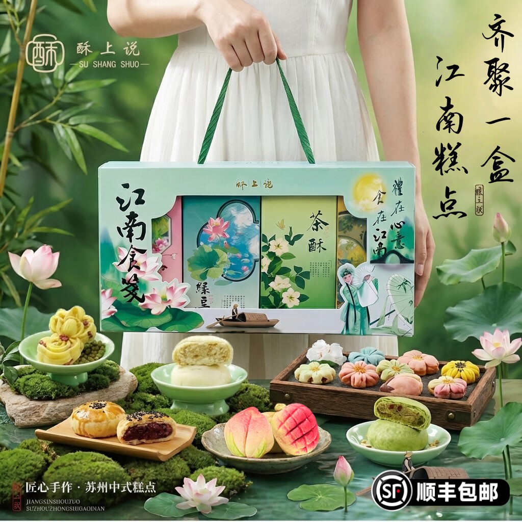 新年中式糕点礼盒装碧螺春茶饼花酥绿豆糕春节送礼苏州特产伴手礼
