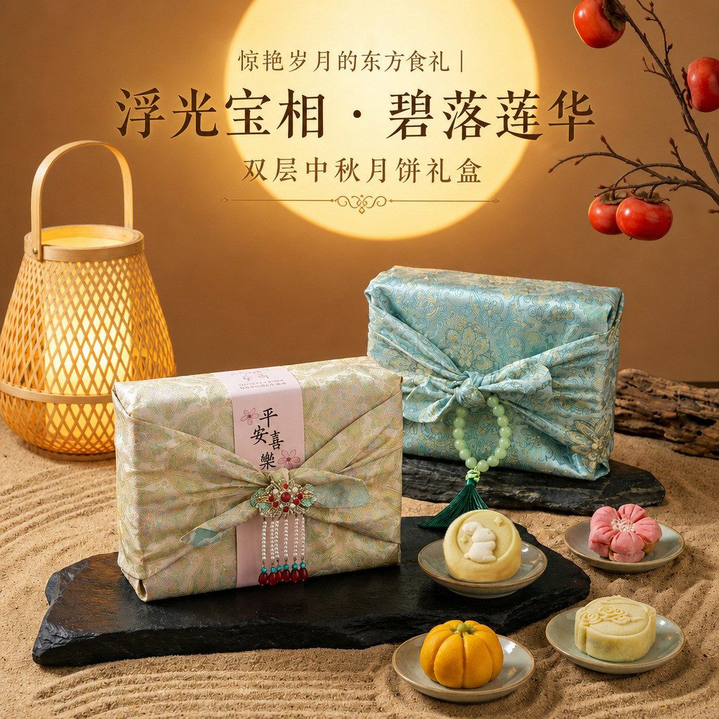 中秋节双层中秋月饼礼盒中式糕点心花酥传统包布伴手礼物送人长辈