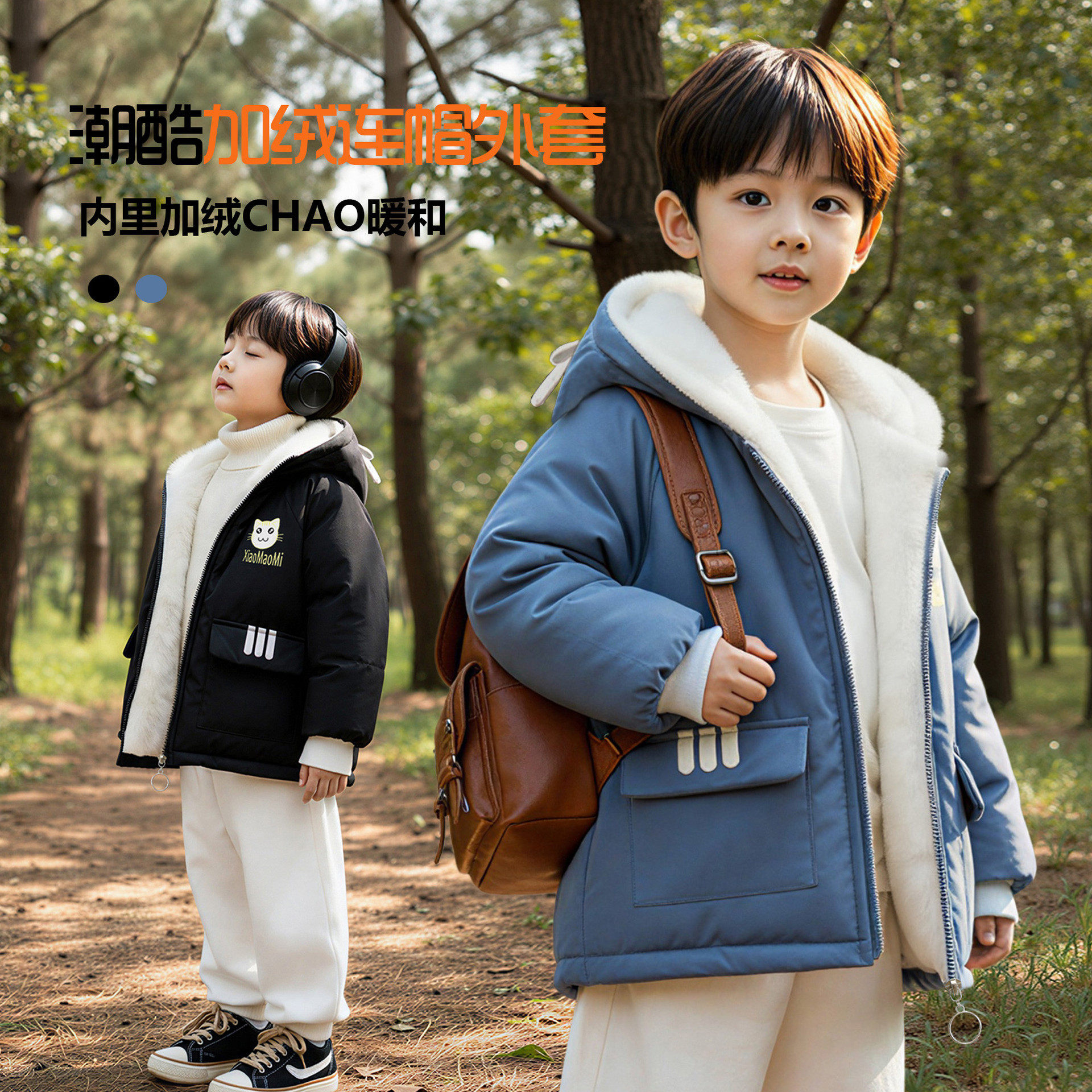 男童加绒外套2025新款加厚棉服帅气派克服痞帅冬装年服冬季棉衣