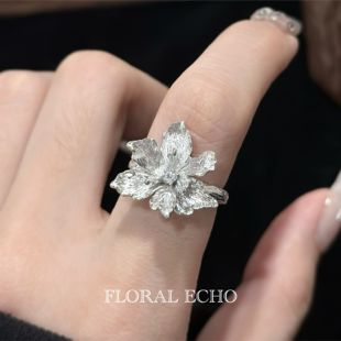 S960纯银鸢尾花戒指可调节烧白原创小众手工戒轻奢 花开小夜曲