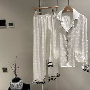 小香风春秋黑白色薄款女式居家仿真丝睡衣女冰丝宽松奢华欧美ins