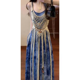 波西米亚云南复古蓝色扎染吊带夏季 早春漂亮连衣裙收腰海边旅游
