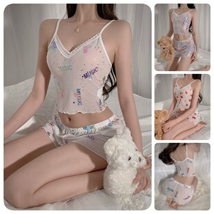 慕菲性感纯欲网纱睡衣套装多图案印花短裤V领吊带两件套家居服607