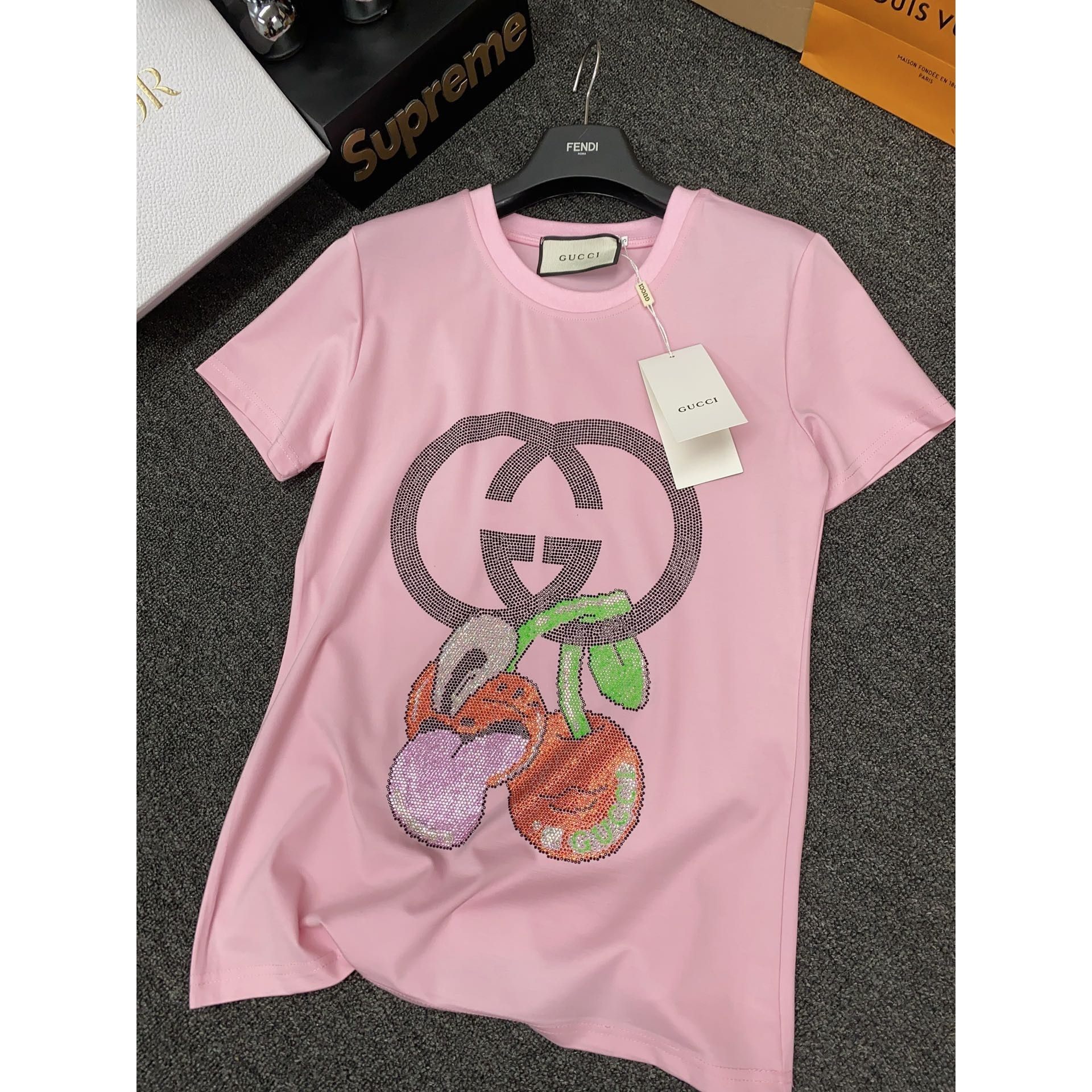 gucci/ 24夏新款烫钻樱桃双glogo字母上衣休闲百搭短袖t恤女