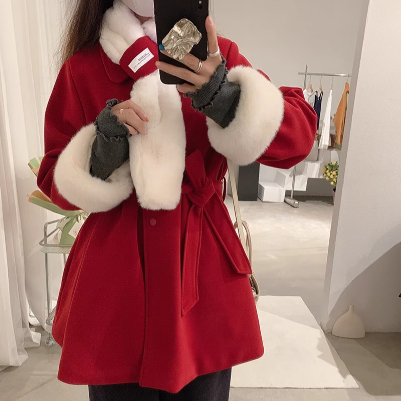 千金名媛风仿兔毛领单排扣收腰绑带夹棉长袖毛呢大衣外套上衣女冬