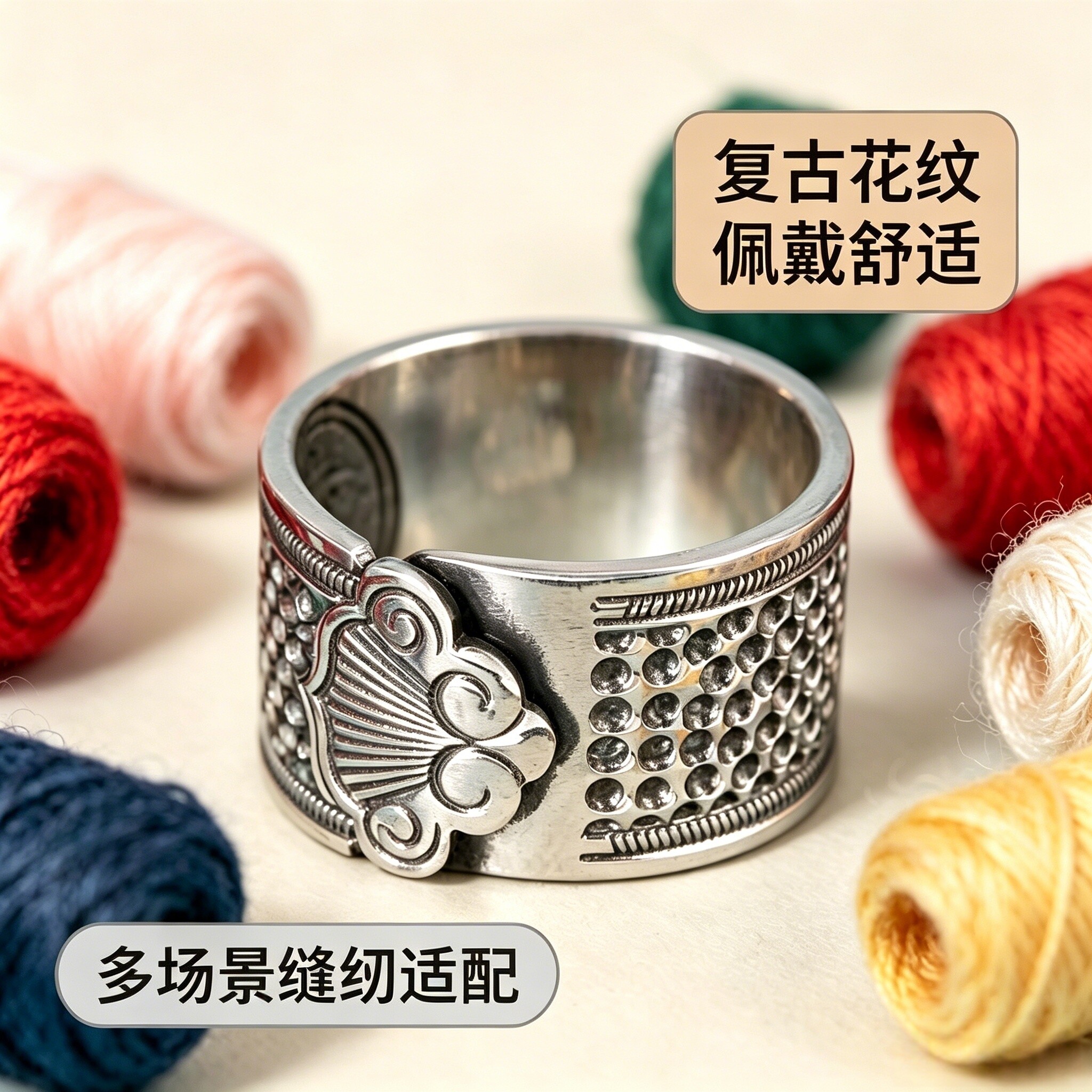 祥云顶针戒指复古吉祥如意传统老式可调节缝纫戒指防扎手老款顶针
