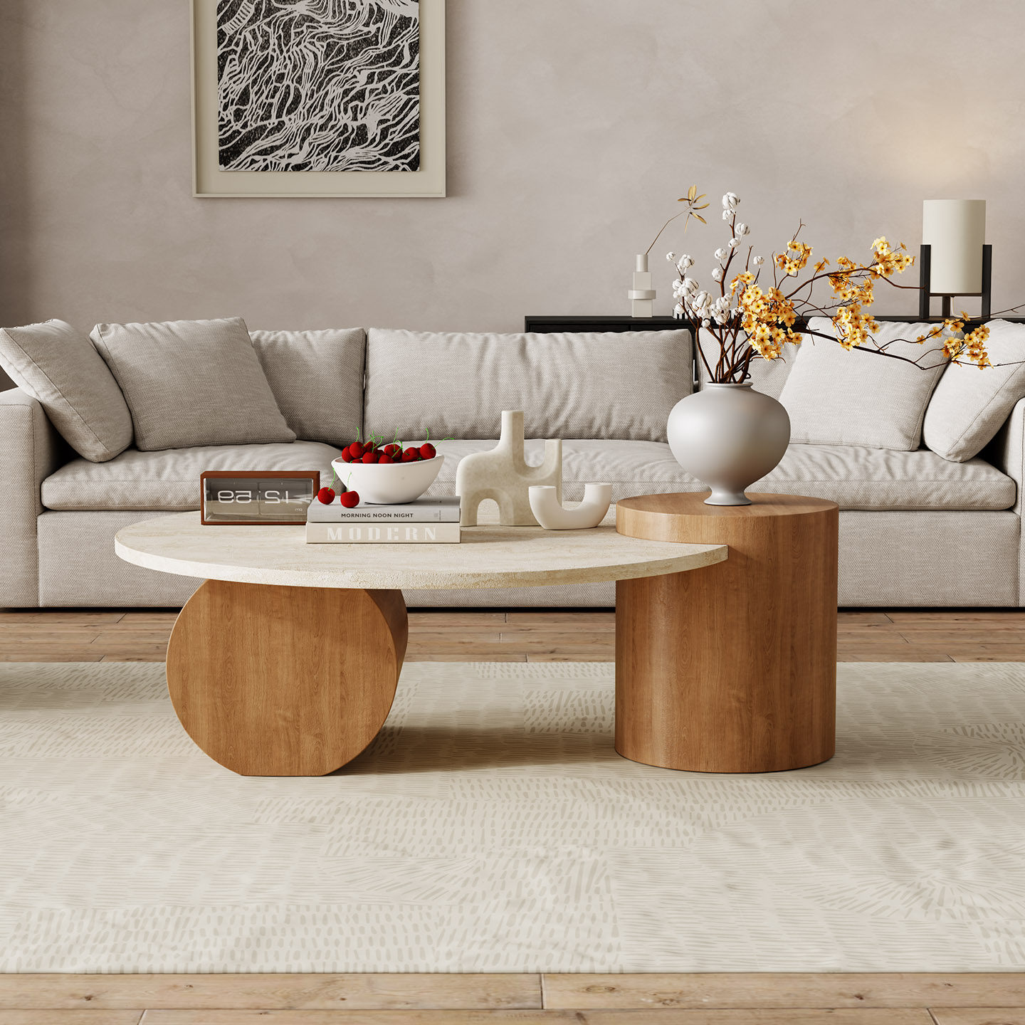 洞石茶几岩板大理石侘寂极简圆形客厅家用中古轻奢设计师创意茶桌