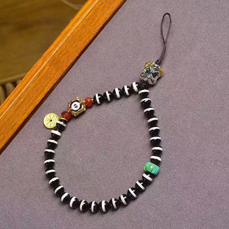 天然老西亚镶蚀线珠手机挂件