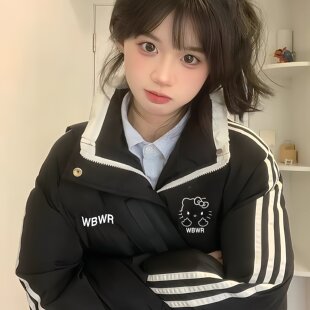 美式卡通风黑色立领羽绒棉服女学生复古三条杠加厚保暖棉袄外套