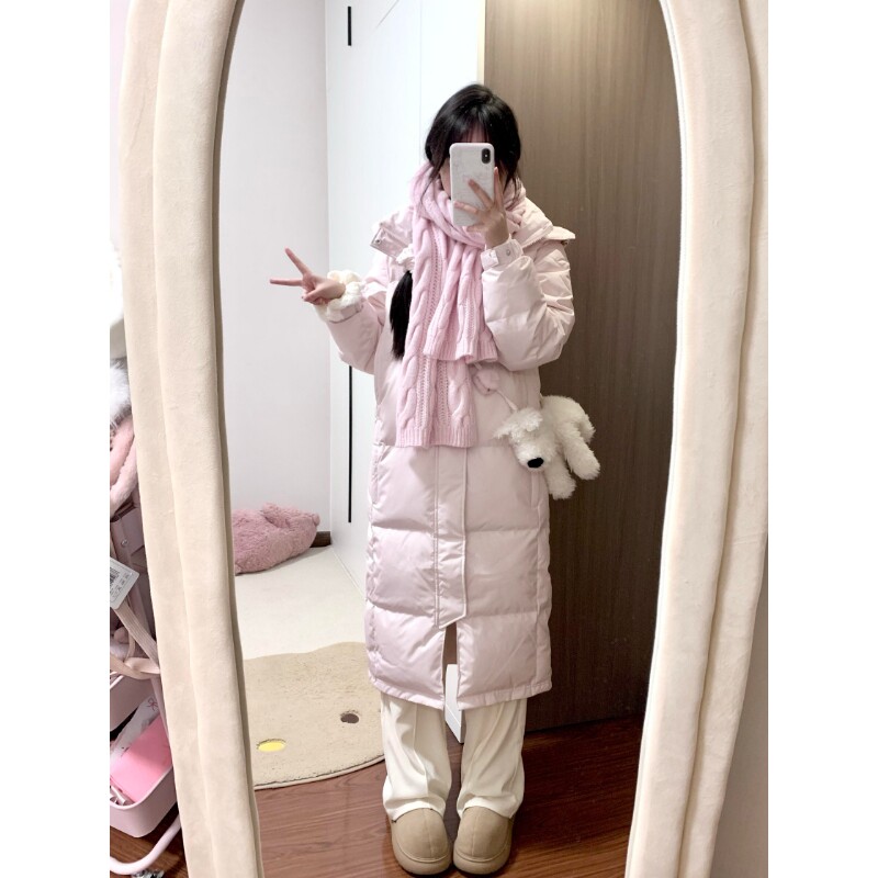 韩系连帽超长款樱花粉显白棉服