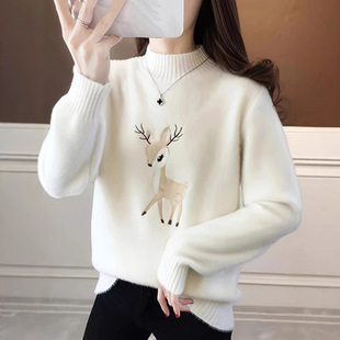跨境秋冬刺绣毛衣半高领学院风卡通鹿子甜美针织少女装长袖