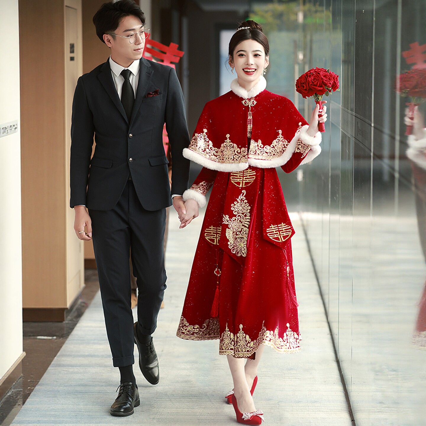 海棠记孕妇敬酒服新娘秋冬披肩婚服秀禾遮肚中式结婚礼服大码胖mm