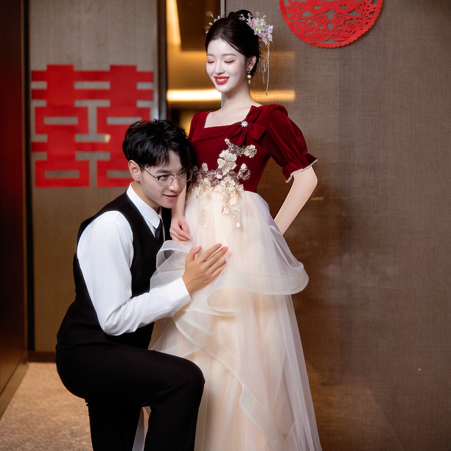 海棠记孕妇敬酒服新娘红色大码胖