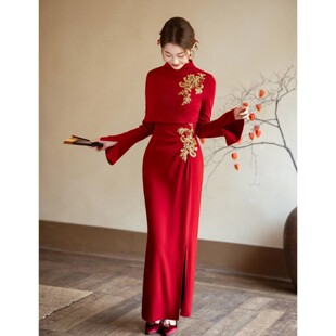 新中式旗袍敬酒服高级感晨袍女新娘订婚礼服长袖两件套结婚回门服