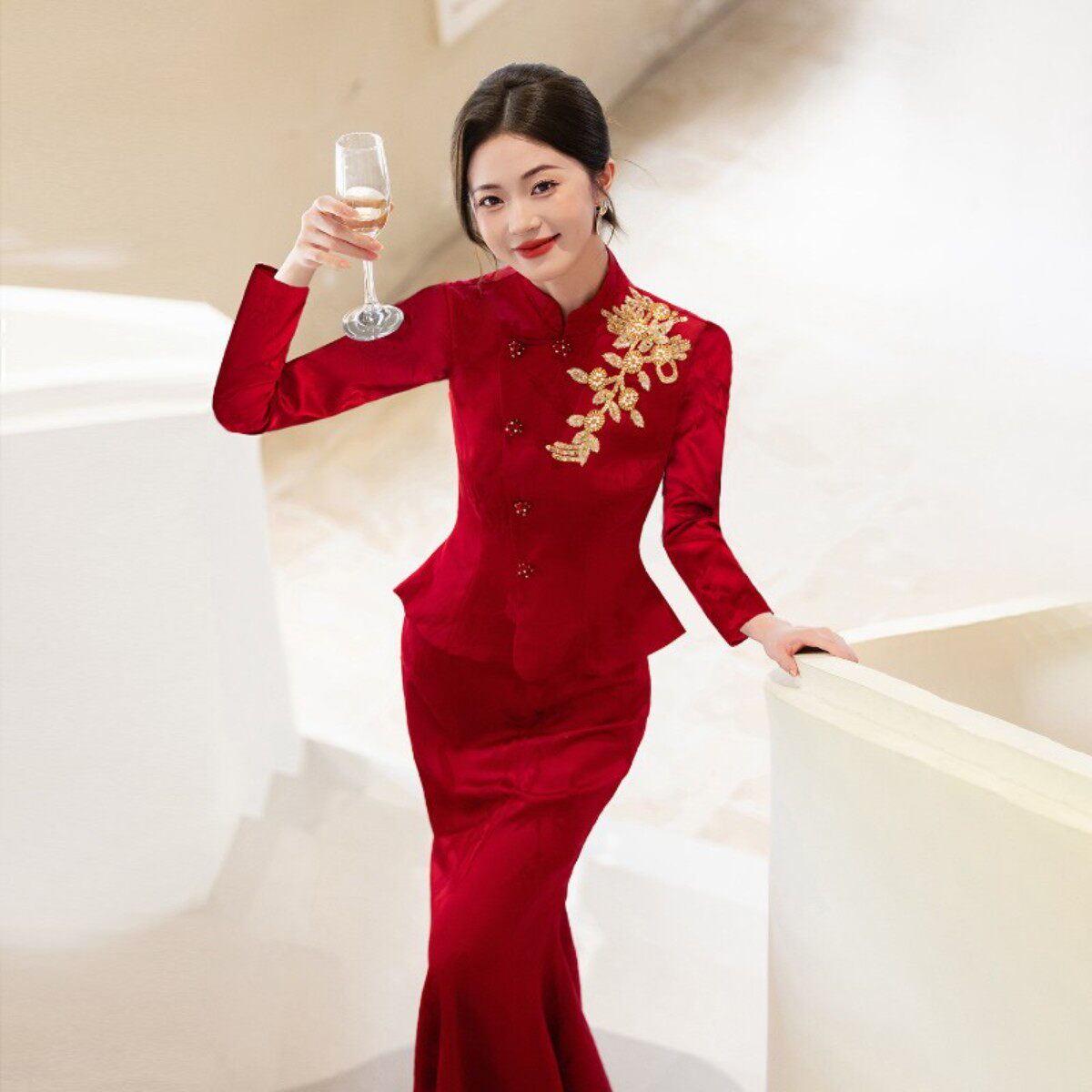 夏季长袖红色中式新娘结婚敬酒服旗袍订婚礼服女鱼尾收腰显瘦套装