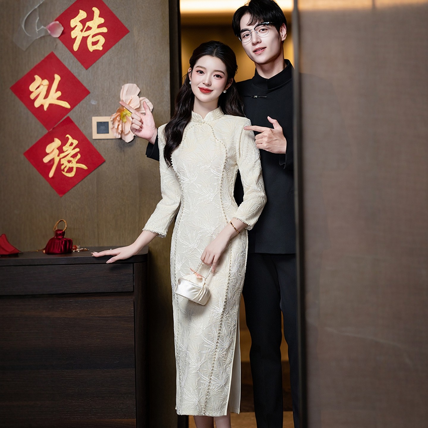 海棠记白色订婚领证登记礼服2025新款中式长袖旗袍小白裙日常秋冬