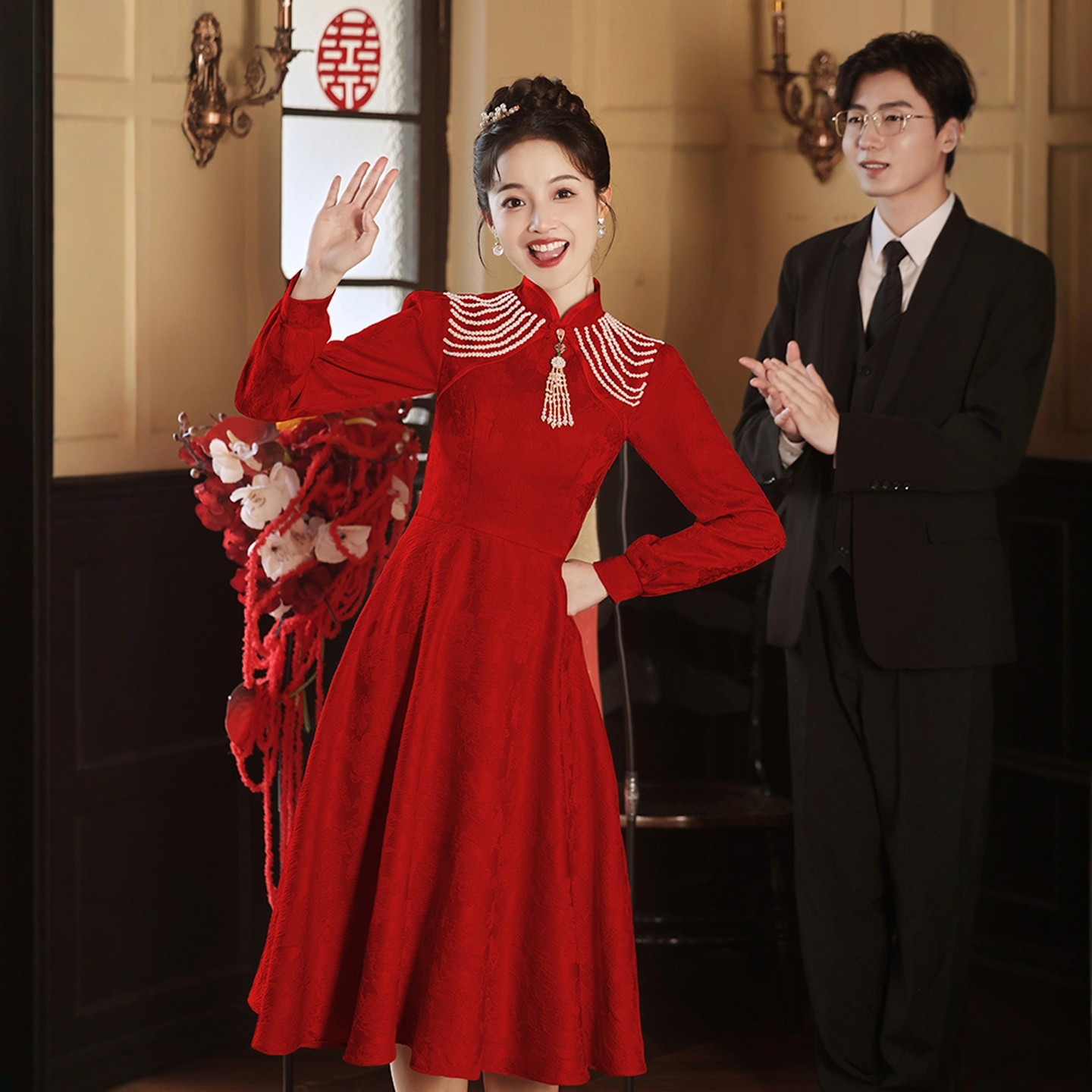 海棠记孕妇敬酒服新款新娘高级感红中式旗袍订婚礼服大码胖mm秋冬