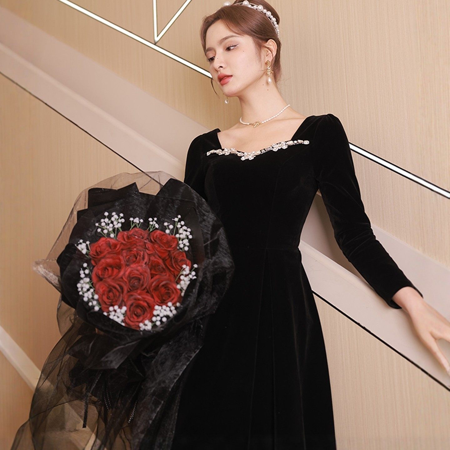 海棠记黑色礼服宴会女气质主持人连衣裙长袖法式高端轻奢小众年会