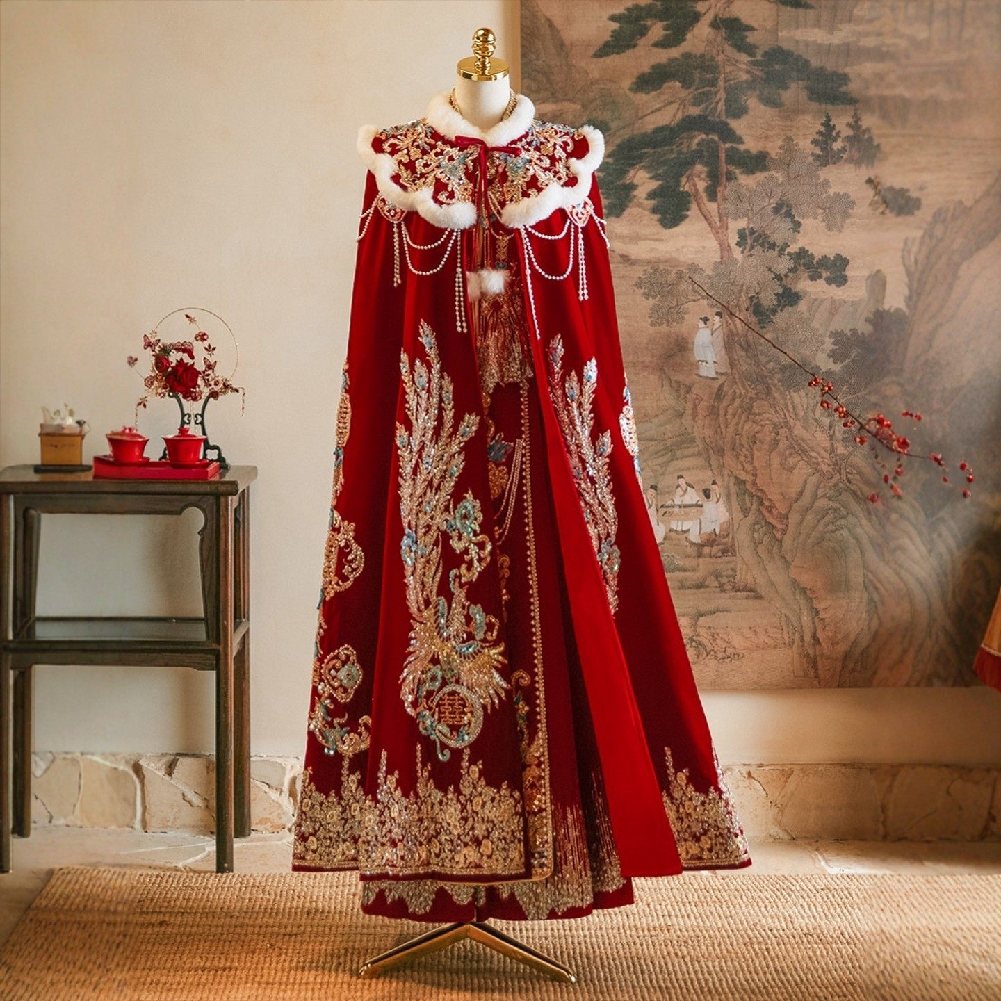 海棠记秀禾服斗篷披肩中国风结婚礼服红色外搭保暖冬加厚毛领披风