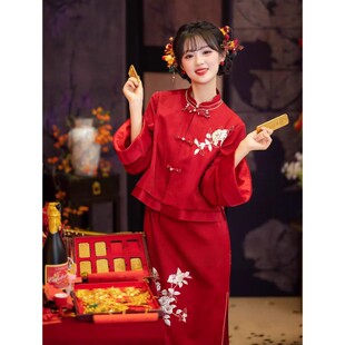 新中式敬酒服新娘结婚红色回门便装出阁长袖订婚晚礼服裙旗袍套装