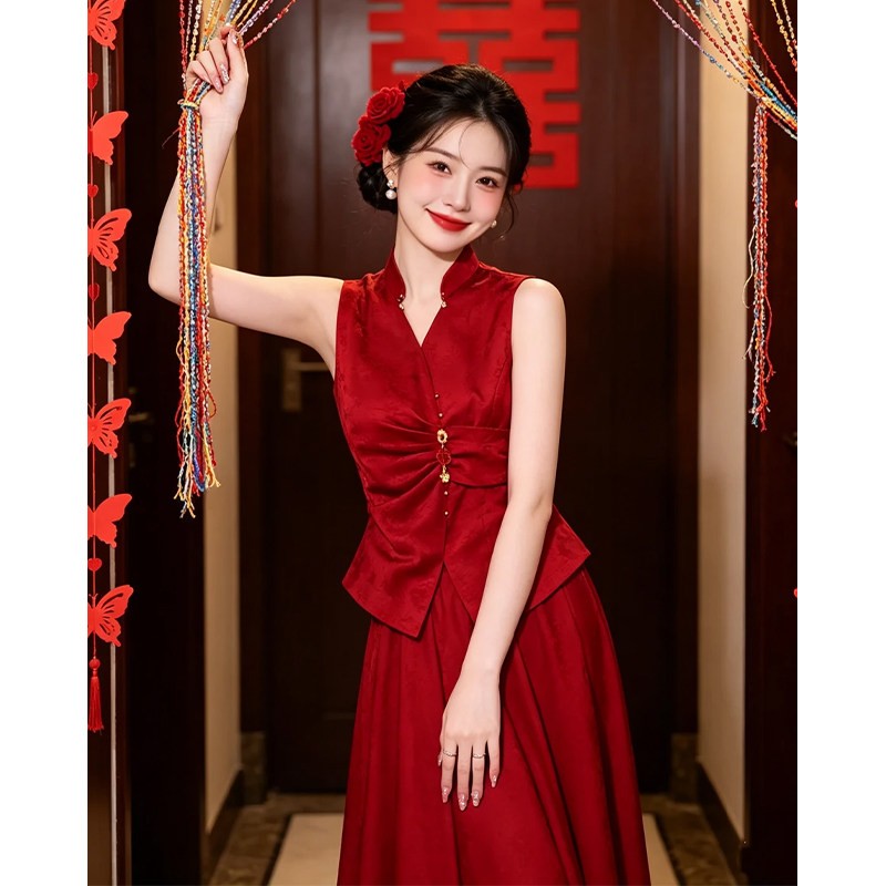 海棠记新中式红色礼服裙2026新款复古显瘦小个子套装新娘结婚订婚