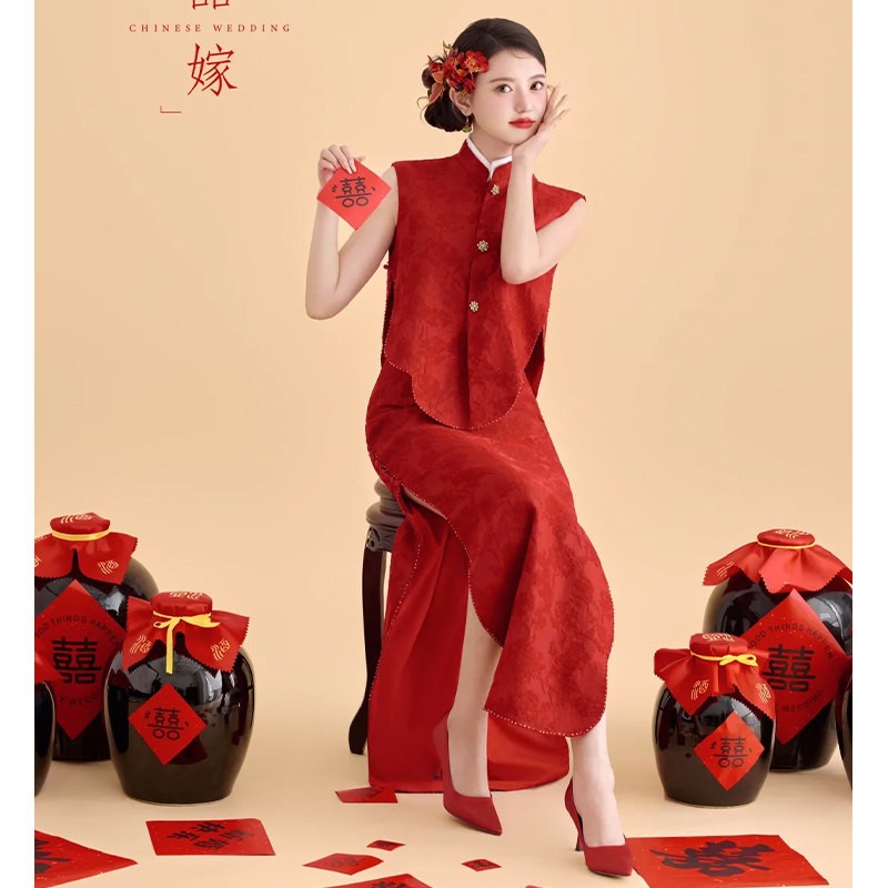 海棠记新中式敬酒服新娘订婚礼服晨袍女高级质感红色改良旗袍两件